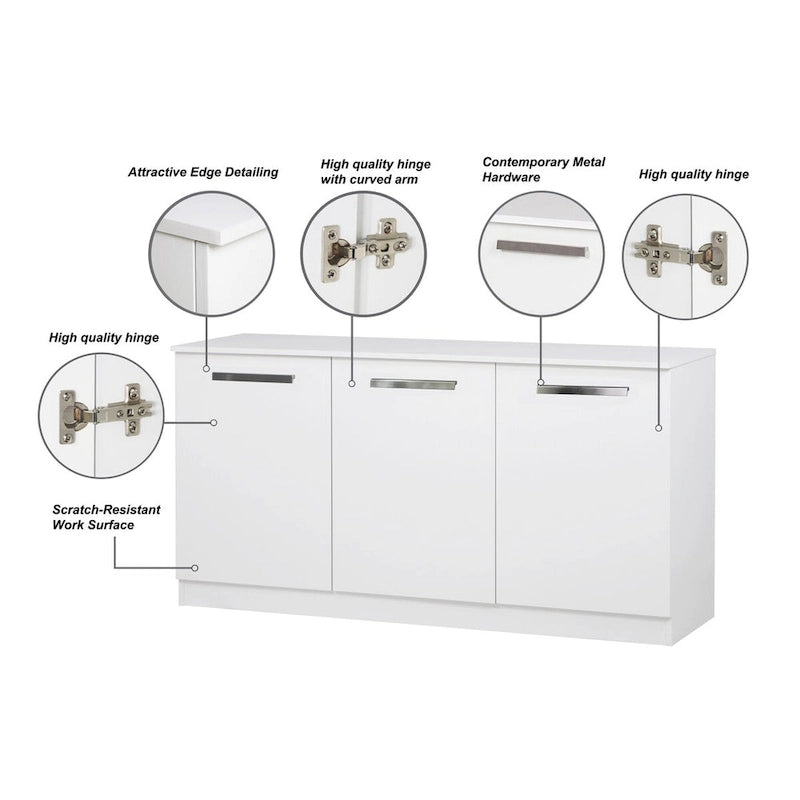 White Wood Grain 3-Door Contemporary Credenza File Cabinet