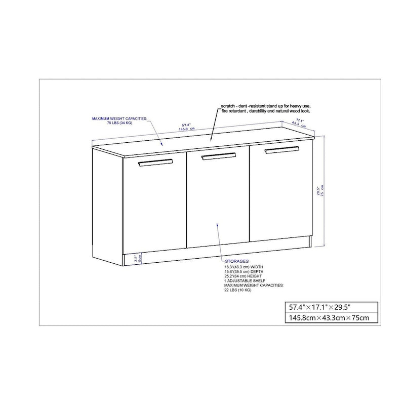 White Wood Grain 3-Door Contemporary Credenza File Cabinet
