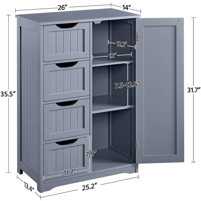 Large Bathroom Storage Cabinet Free-Standing Floor Cabinet with 4 Drawers and 1 Cupboard - N/A