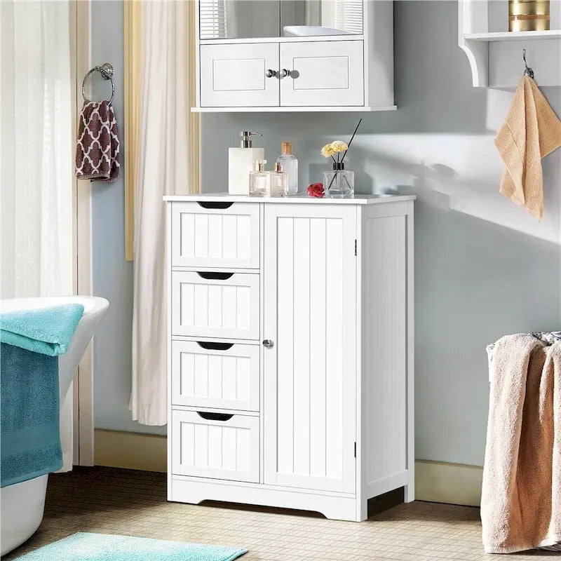 Large Bathroom Storage Cabinet Free-Standing Floor Cabinet with 4 Drawers and 1 Cupboard - N/A