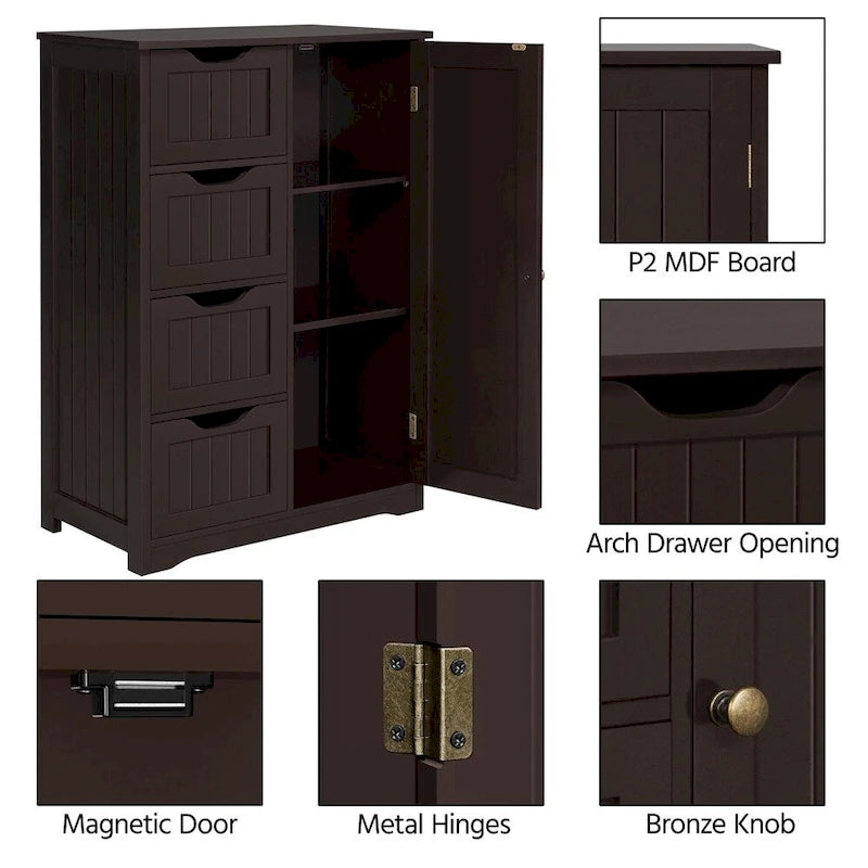 Large Bathroom Storage Cabinet Free-Standing Floor Cabinet with 4 Drawers and 1 Cupboard - N/A