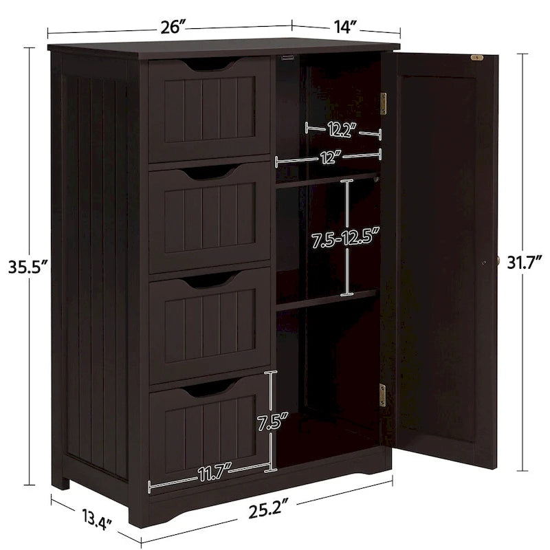 Large Bathroom Storage Cabinet Free-Standing Floor Cabinet with 4 Drawers and 1 Cupboard - N/A