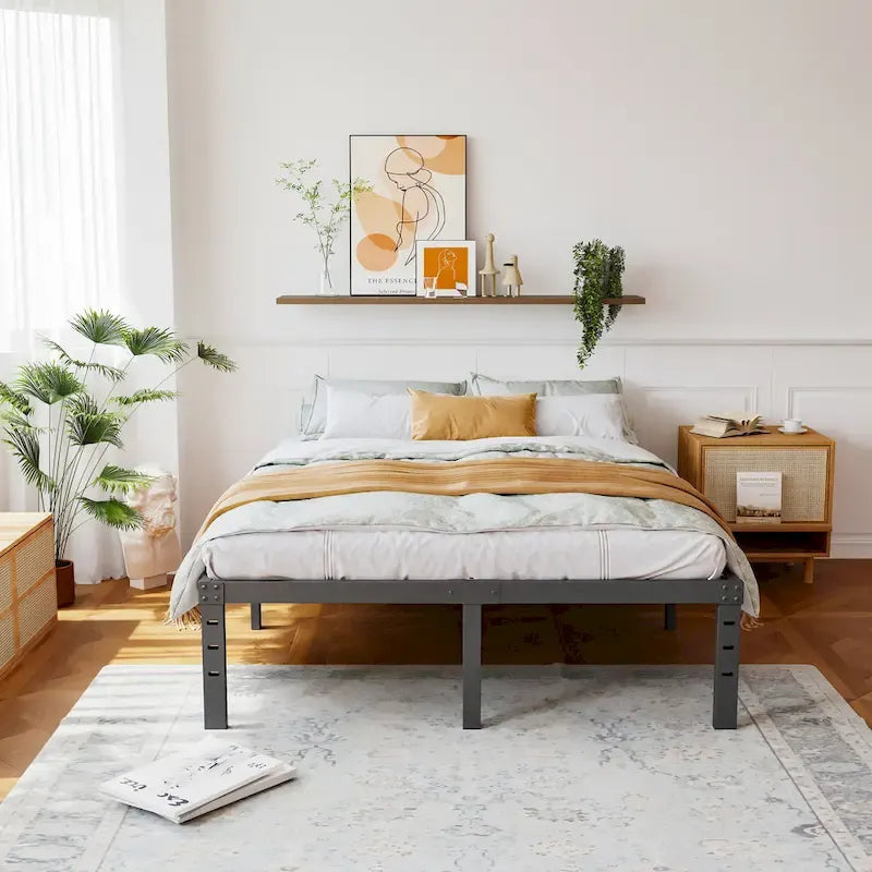 18 Inch Black Metal Platform Bed Frame With Wood Slats Support