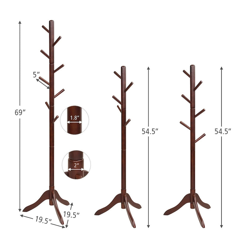 Wooden Coat Rack Stand Hall Tree 2 Adjustable Height w/ 8 Hooks